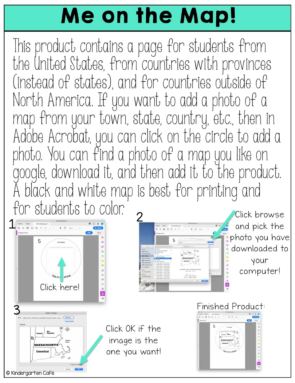 Teacher directions for adding a local map photo to an editable circle in Adobe Acrobat, shown in three numbered screenshots