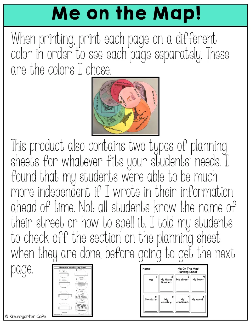 Printing tips: each circle on a different color paper, plus two planning sheet options for prefilling student details