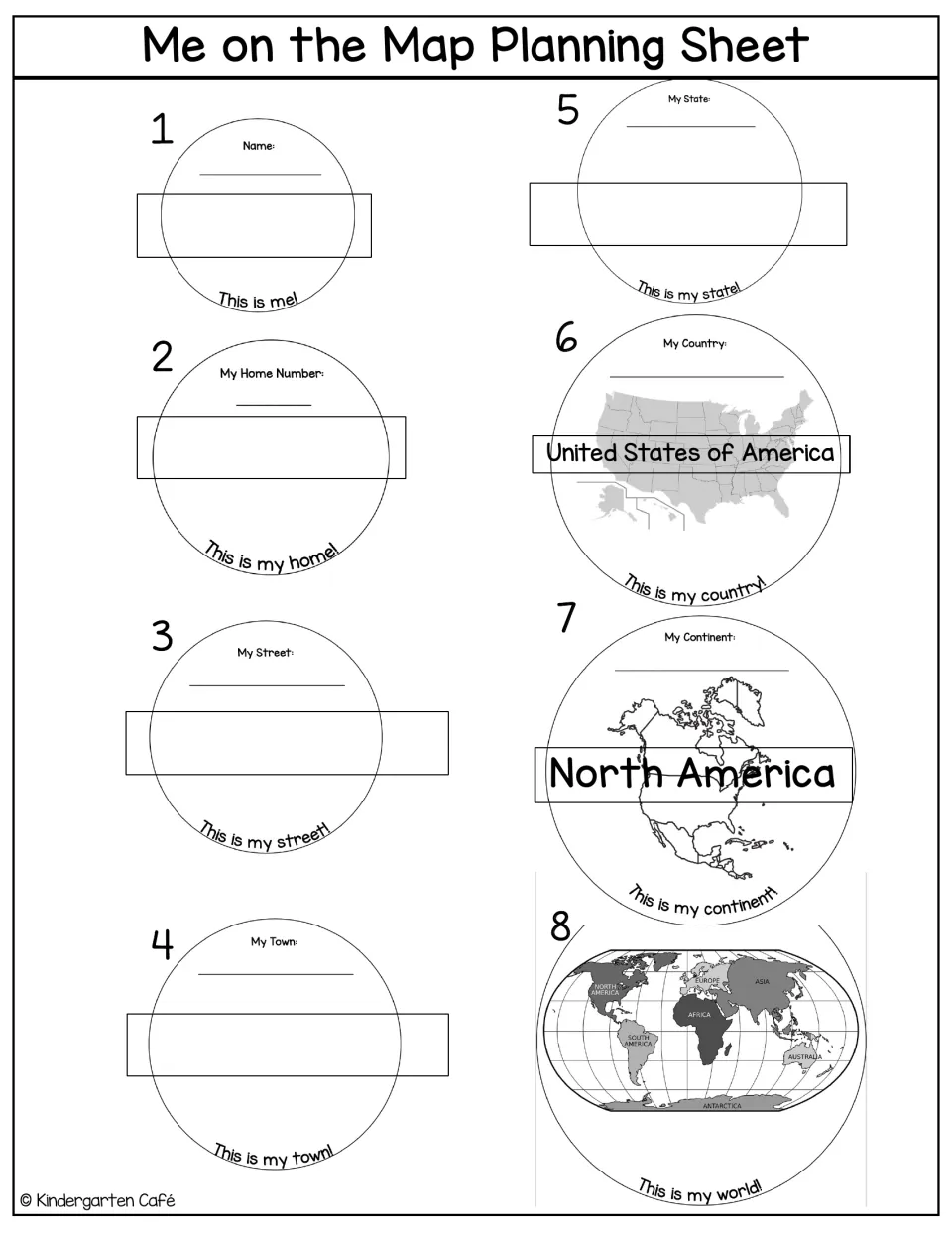 U.S. version: eight circles for me, home number, street, town, state, then country and continent prefilled, plus a world map