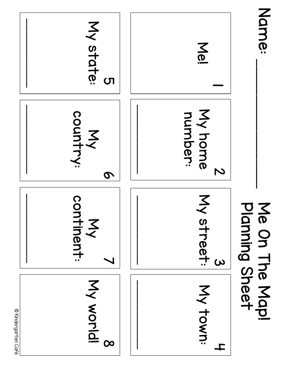Simple planning page: students note home number, street, town, state, country and continent in eight numbered sections