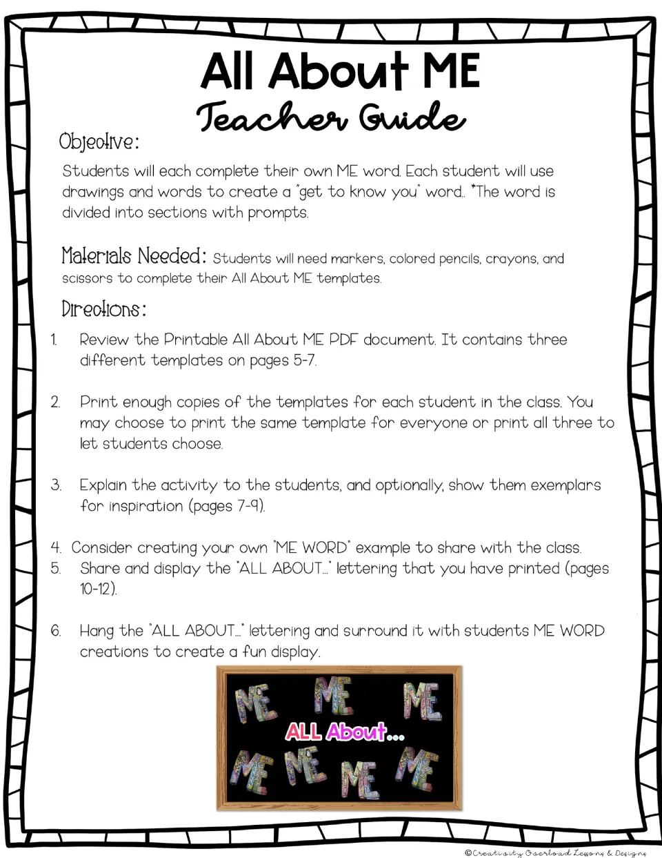 Teacher guide for the ME word activity lists materials, template choices, examples, and display directions