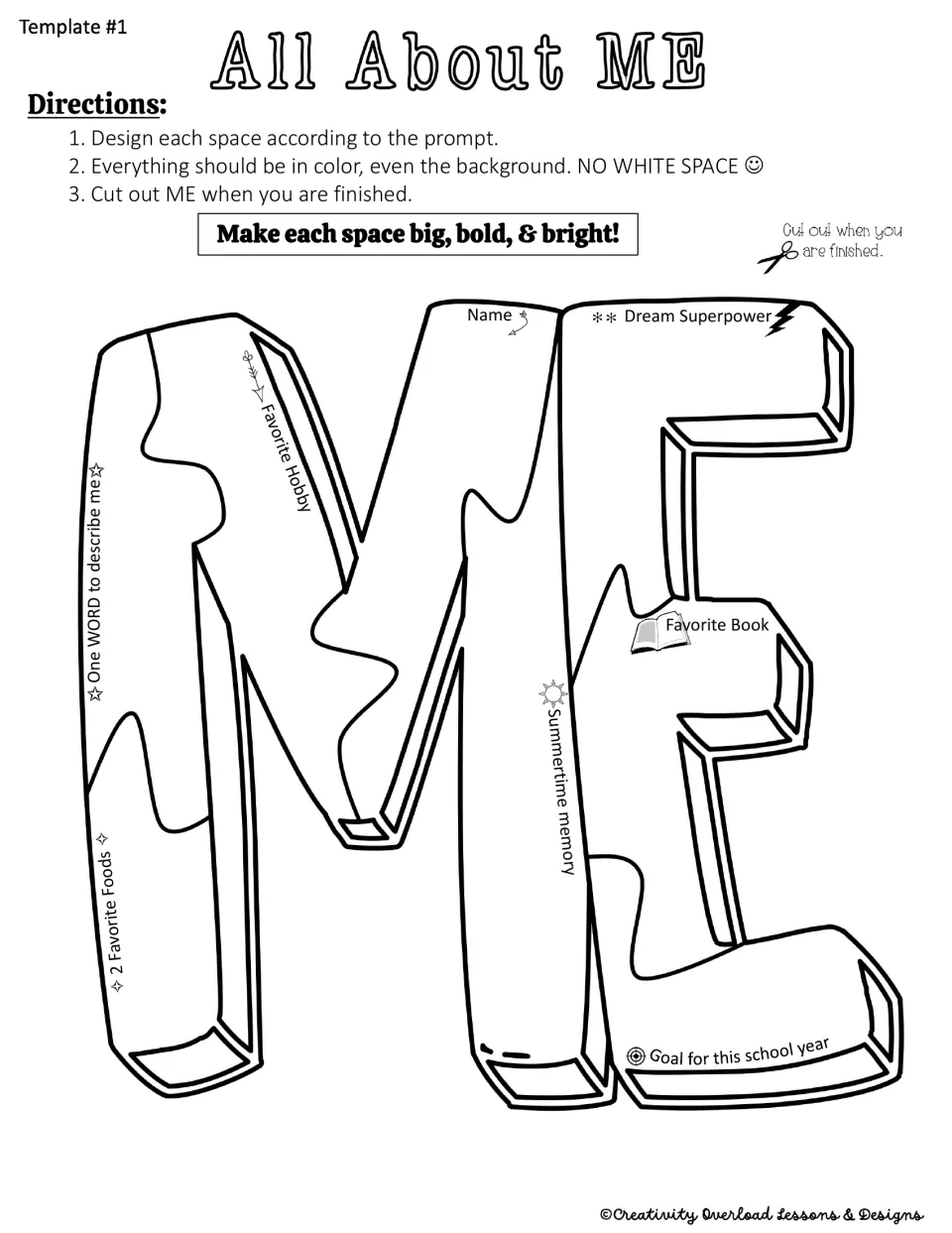 ME word template 1 prompts students for a hobby, two favorite foods, a dream superpower, and a school goal