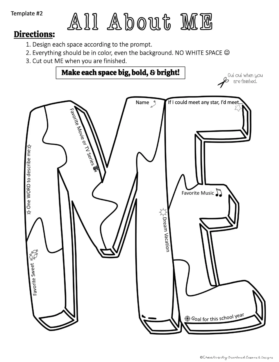 ME word template 2 prompts students for favorite music, a dream vacation, a star to meet, and a school goal