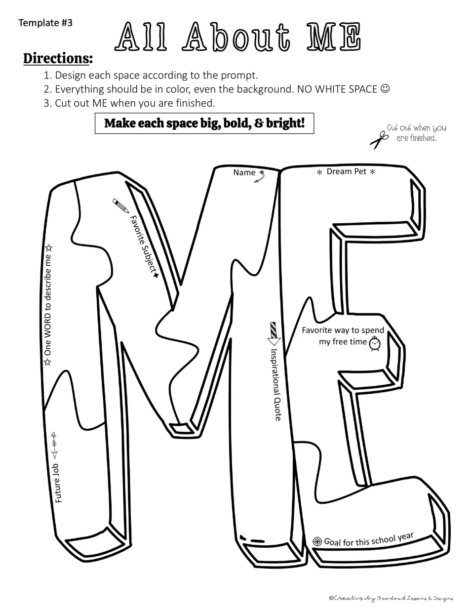 ME word template 3 prompts students for a dream pet, future job, inspirational quote, and favorite subject