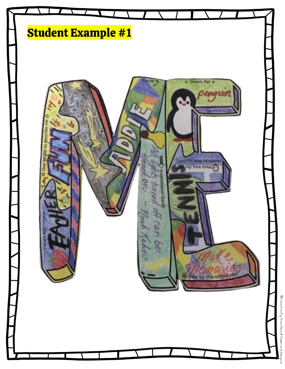 Completed ME word example includes a penguin dream pet, teacher as a future job, and tennis for free time