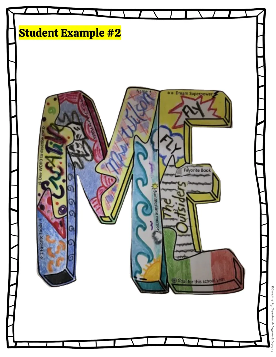 Completed ME word example names flying as a dream superpower and The Outsiders as the favorite book