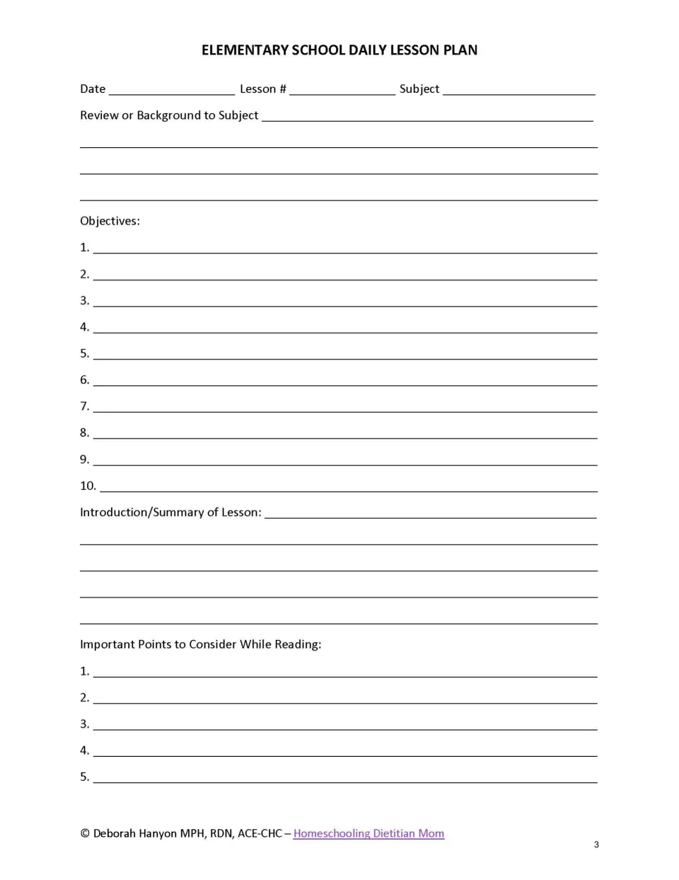Elementary daily lesson plan template: background, ten objectives, lesson summary, and five reading points