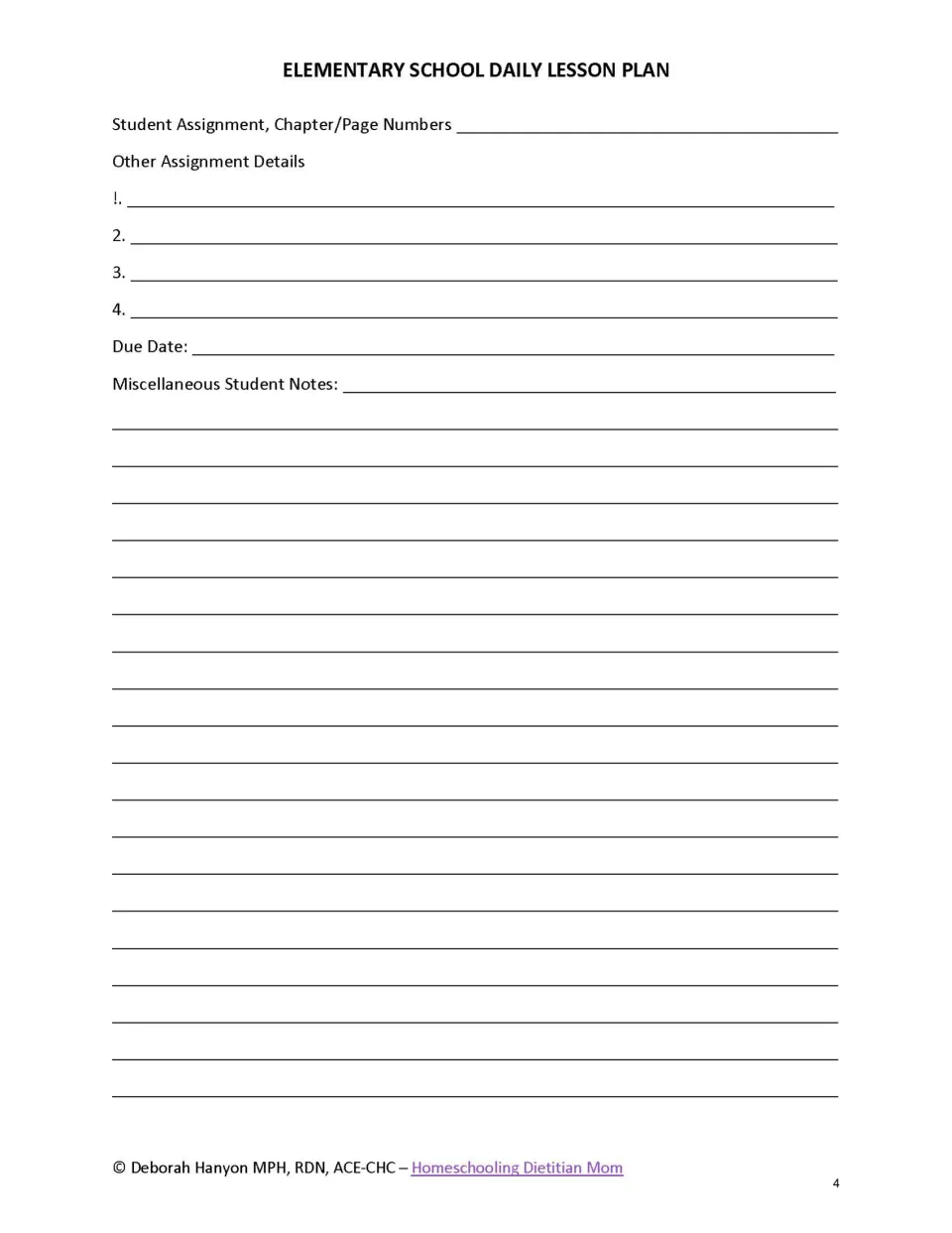 Elementary daily lesson plan continuation: chapter or page assignments, assignment details, due date, and notes