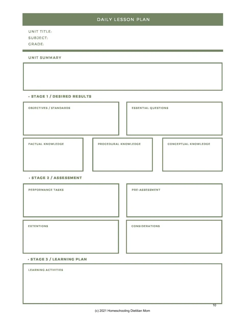 Daily lesson plan template covering desired results, essential questions, assessment, and learning activities