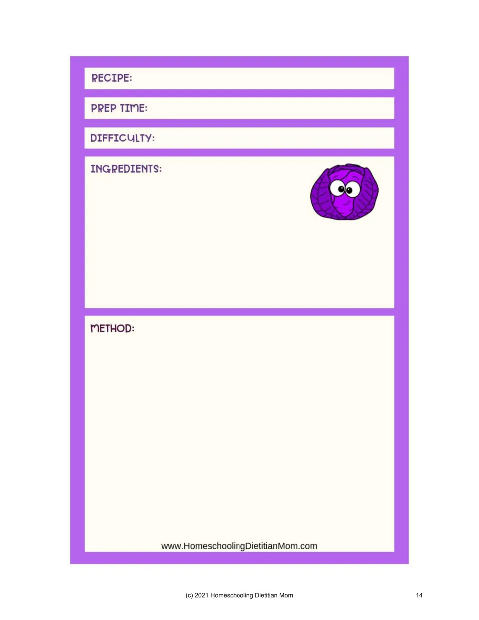 Recipe-writing template on page 14 of the meal-planning supplement: prep time, difficulty, ingredients, and method