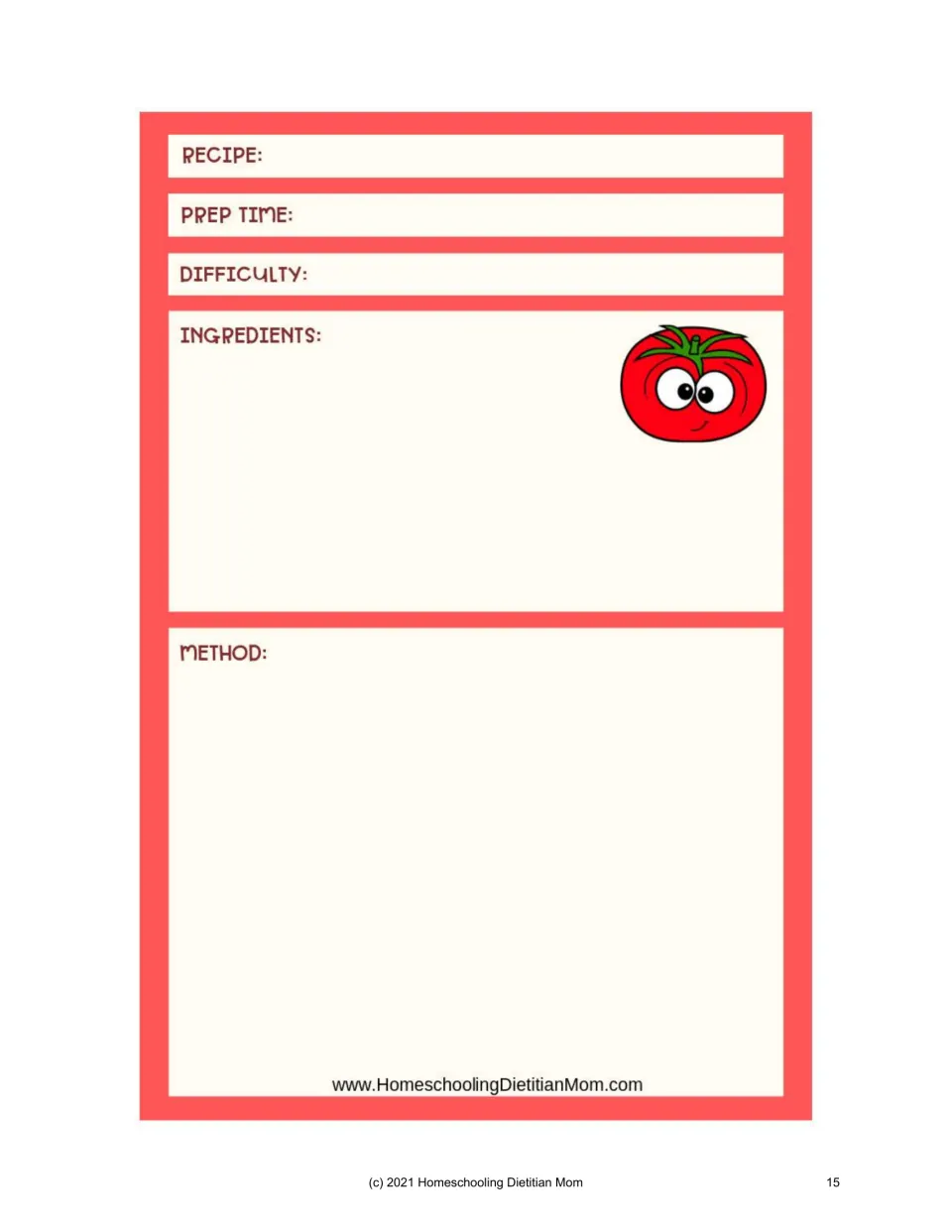 Recipe-writing template on page 15 of the meal-planning supplement: prep time, difficulty, ingredients, and method