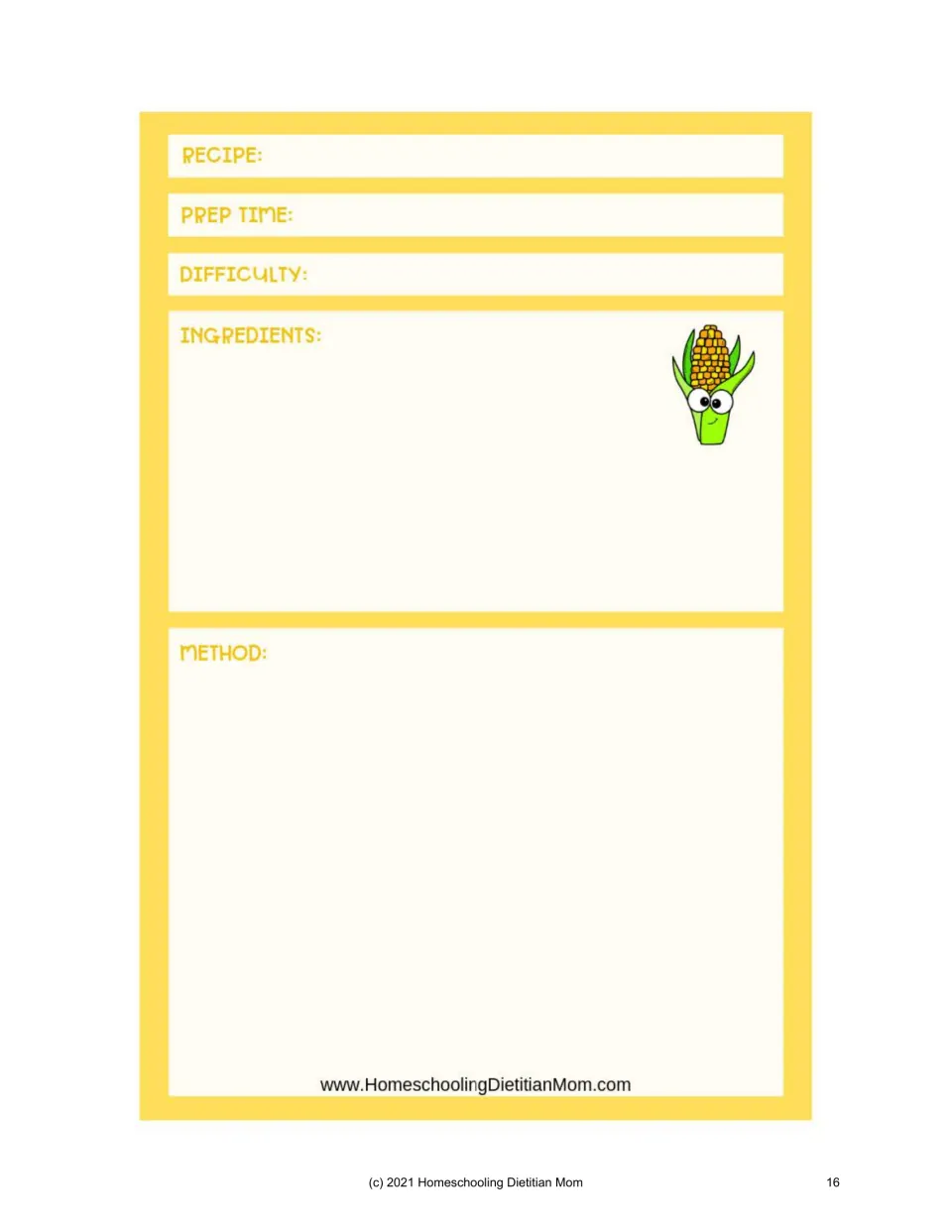 Recipe-writing template on page 16 of the meal-planning supplement: prep time, difficulty, ingredients, and method