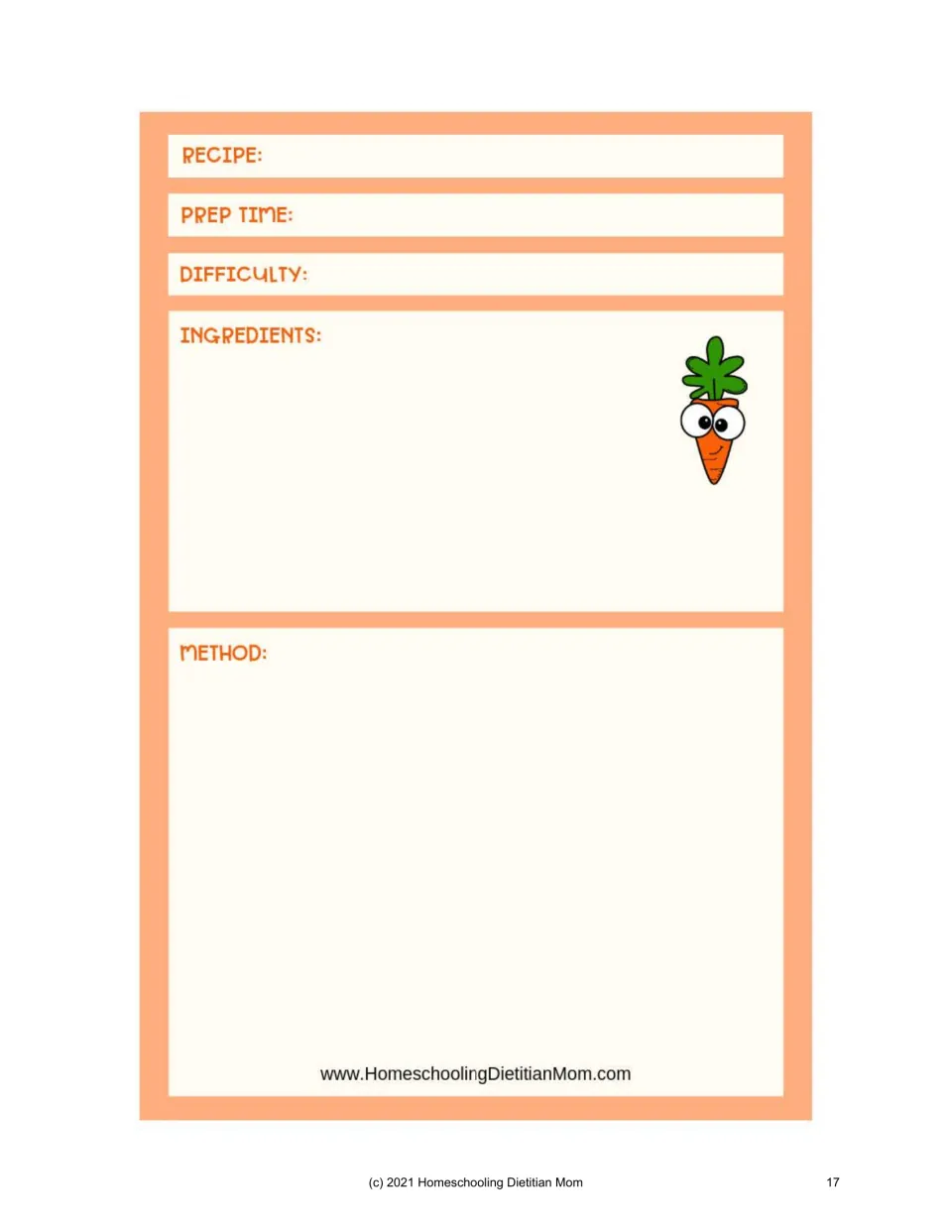 Recipe-writing template on page 17 of the meal-planning supplement: prep time, difficulty, ingredients, and method