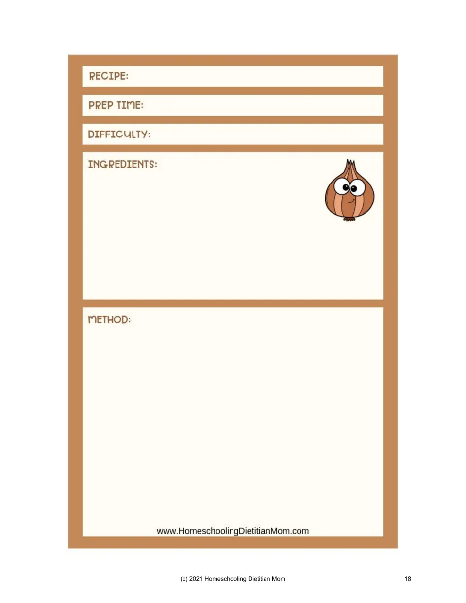 Recipe-writing template on page 18 of the meal-planning supplement: prep time, difficulty, ingredients, and method