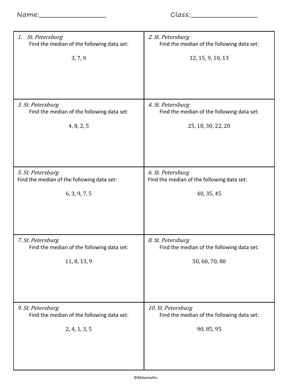 Median practice, St. Petersburg set: students find the median of 10 data sets, including even-sized sets like 4, 8, 2, 5