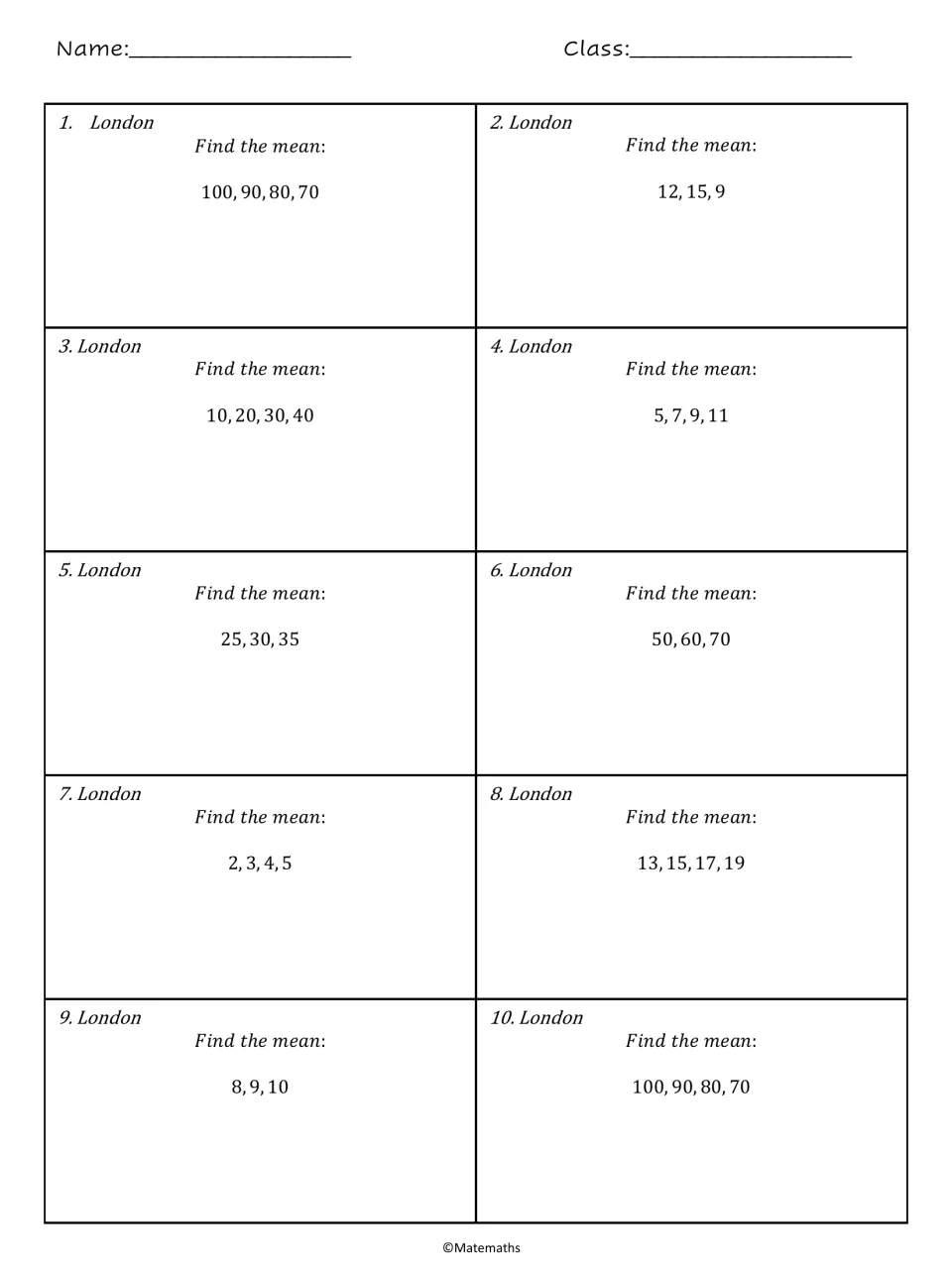 Mean practice, London set: students find the mean of 10 short data sets such as 12, 15, 9 and 13, 15, 17, 19