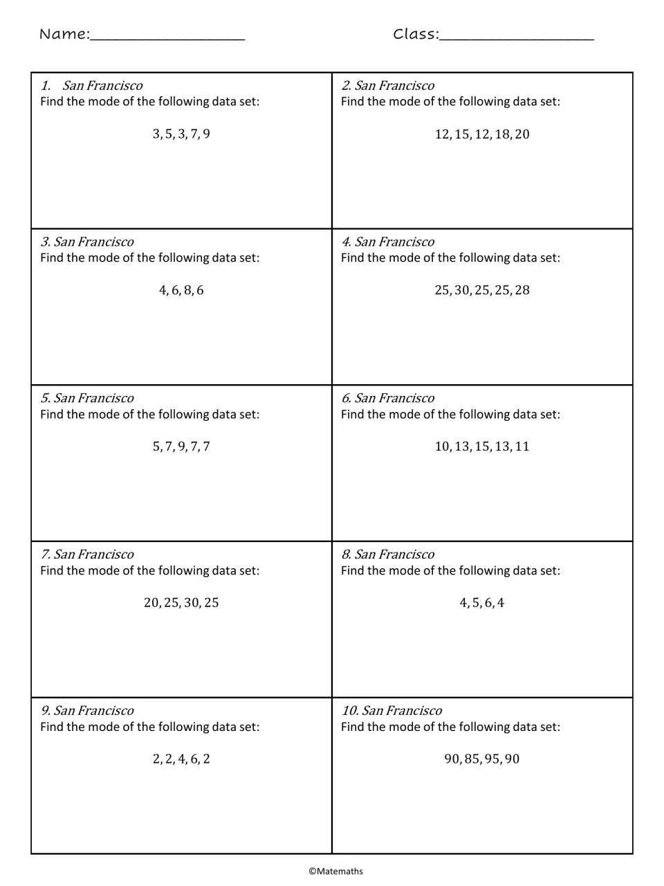 Mode practice, San Francisco set: students find the mode of 10 data sets with repeated values, like 3, 5, 3, 7, 9