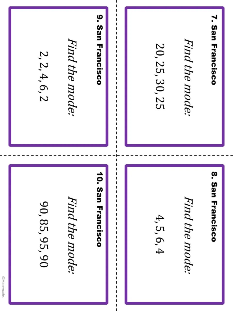 Mode task cards, San Francisco 7 to 10: cut-out cards asking students to find the mode of sets like 4, 5, 6, 4