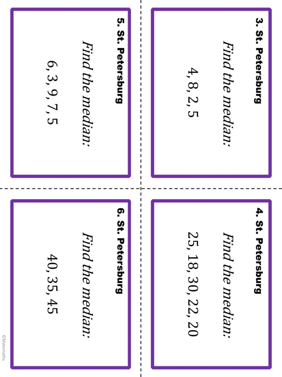 Median task cards, St. Petersburg 3 to 6: cut-out cards asking students to find the median of sets like 40, 35, 45