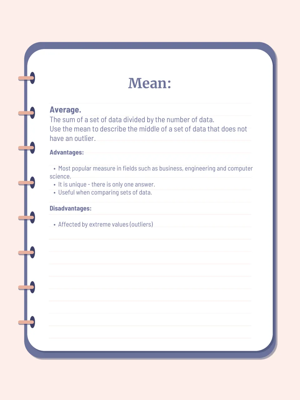 Mean notes: defines the mean as the sum of the data divided by the number of data, with advantages and outlier disadvantage