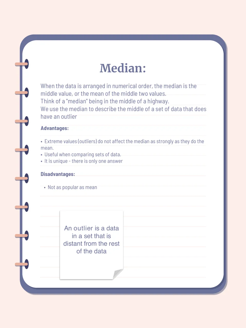 Median notes: the middle value of ordered data or mean of the middle two, with a highway tip, pros, cons and an outlier note