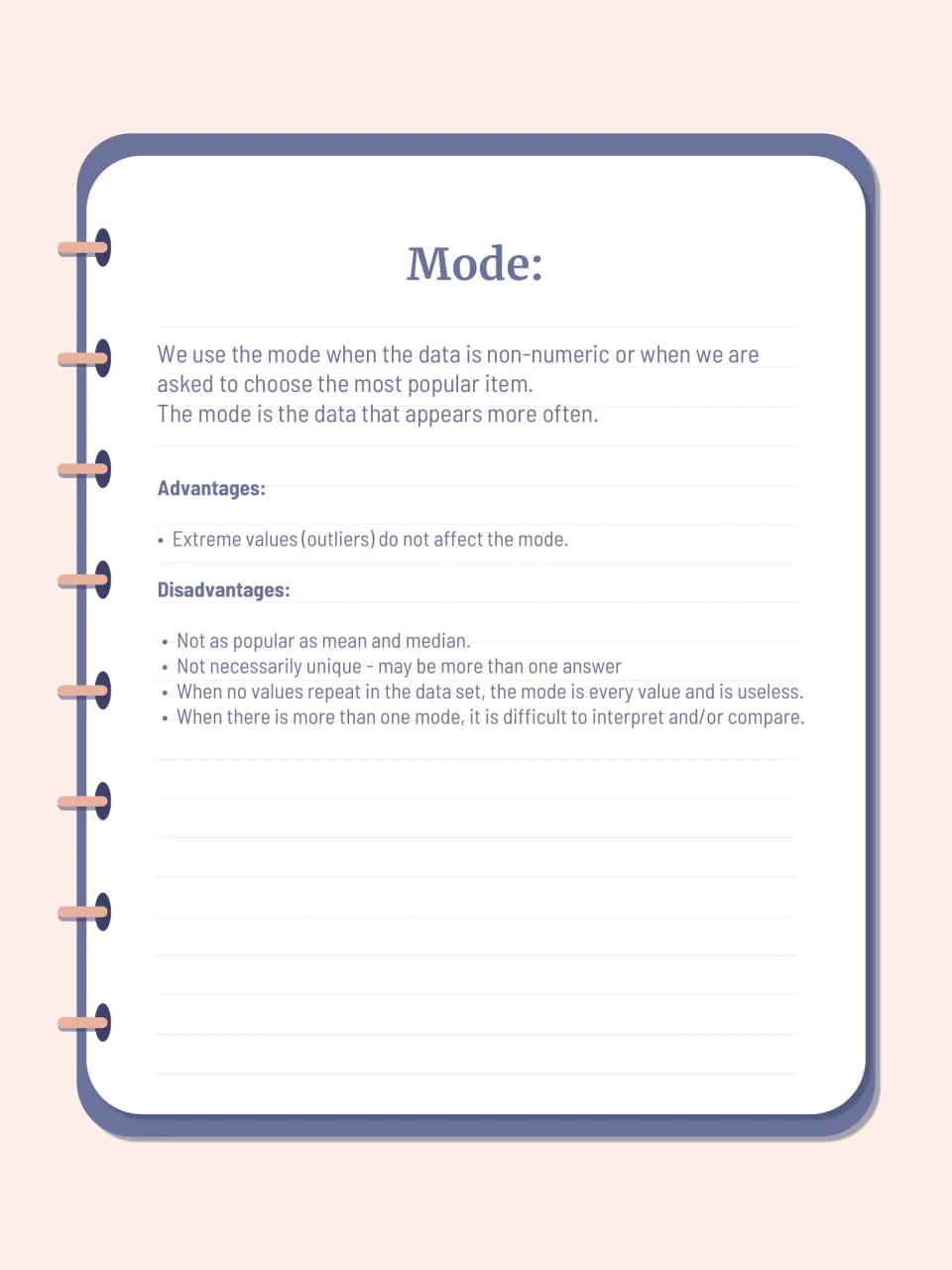 Mode notes: the value that appears most often, used for non-numeric data, with one advantage and four listed disadvantages