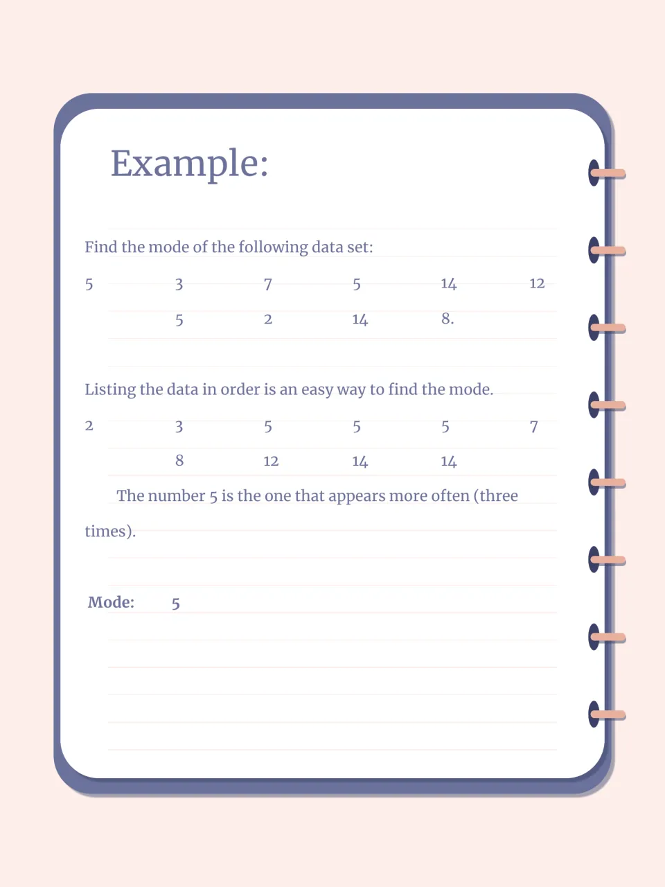 Mode worked example: ten numbers are listed in order to show that 5 appears three times, so the mode of the data set is 5