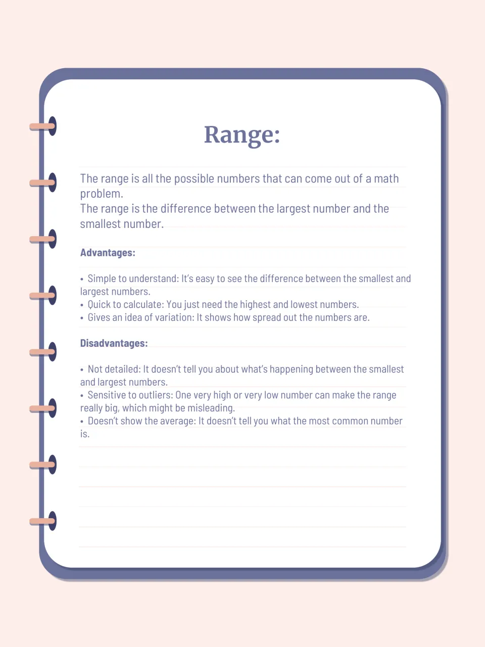Range notes: defines range as the largest number minus the smallest, listing three advantages and three disadvantages