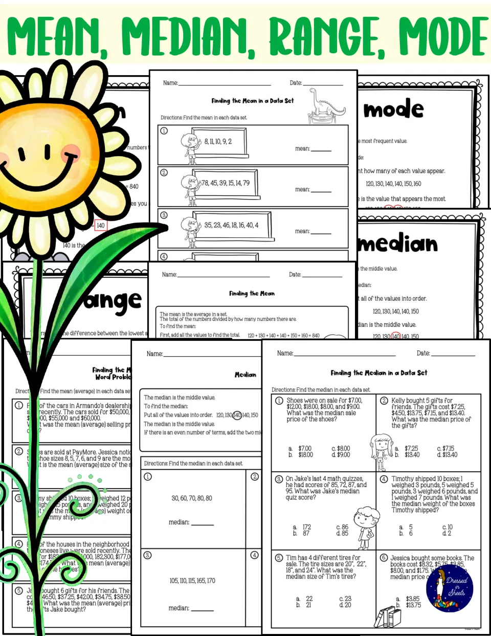 Mean, median, range, mode cover showing term posters and worksheets for finding the mean and median in data sets