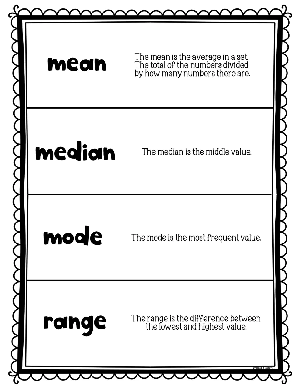 Vocabulary reference listing mean, median, mode and range, each beside its one-sentence definition for quick review