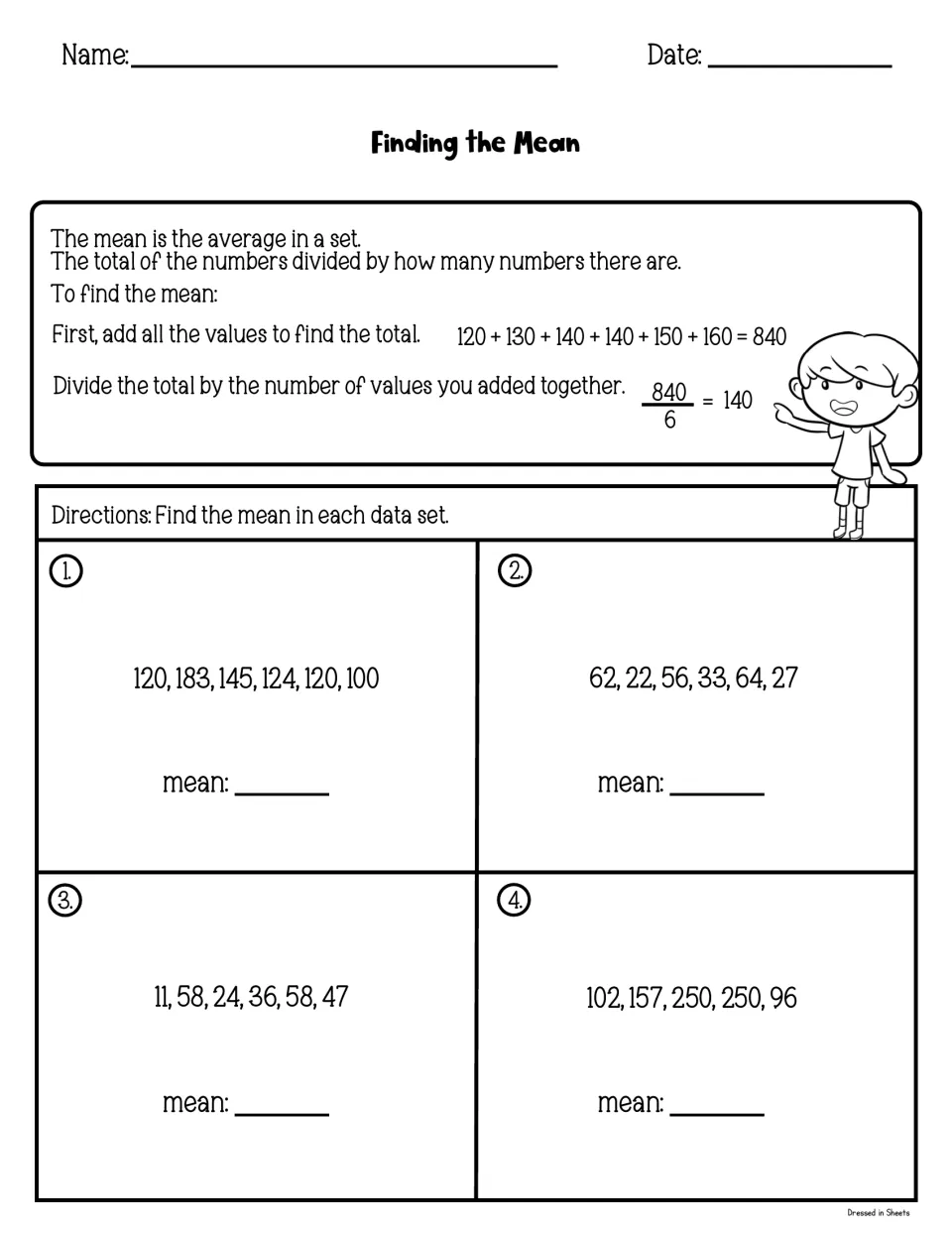 Finding the Mean: a worked example recaps the steps, then students compute the mean of four data sets such as 11, 58, 24