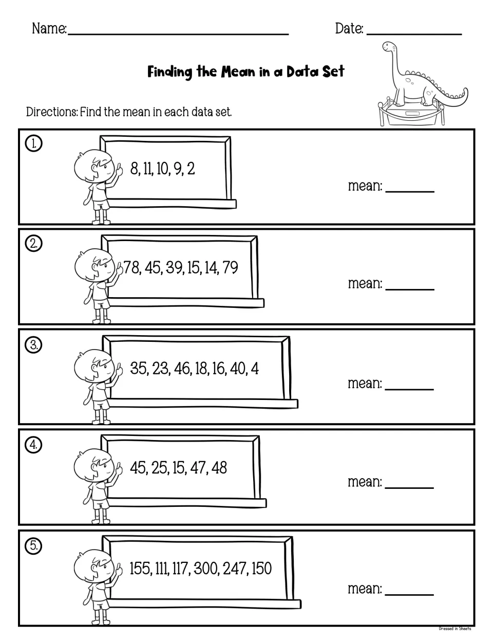 Finding the Mean in a Data Set: students average five number sets, such as 8, 11, 10, 9, 2 and 45, 25, 15, 47, 48