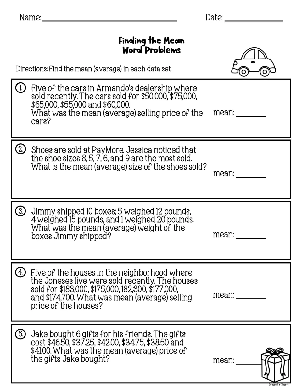 Finding the Mean word problems: students average car and house prices, shoe sizes, box weights and gift costs