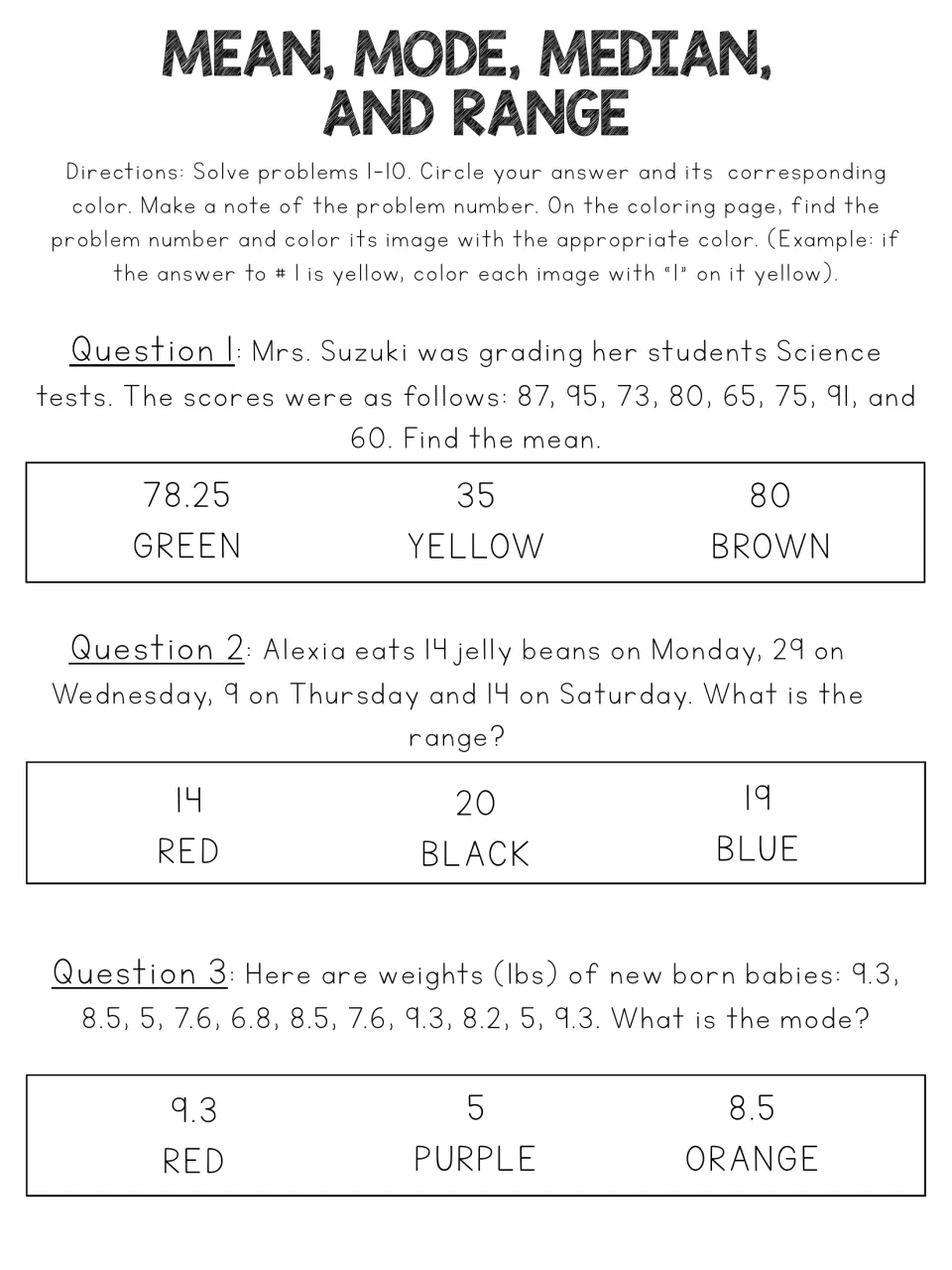 Mean, mode, median and range: students solve word problems 1-3, circling each answer and its matching color choice
