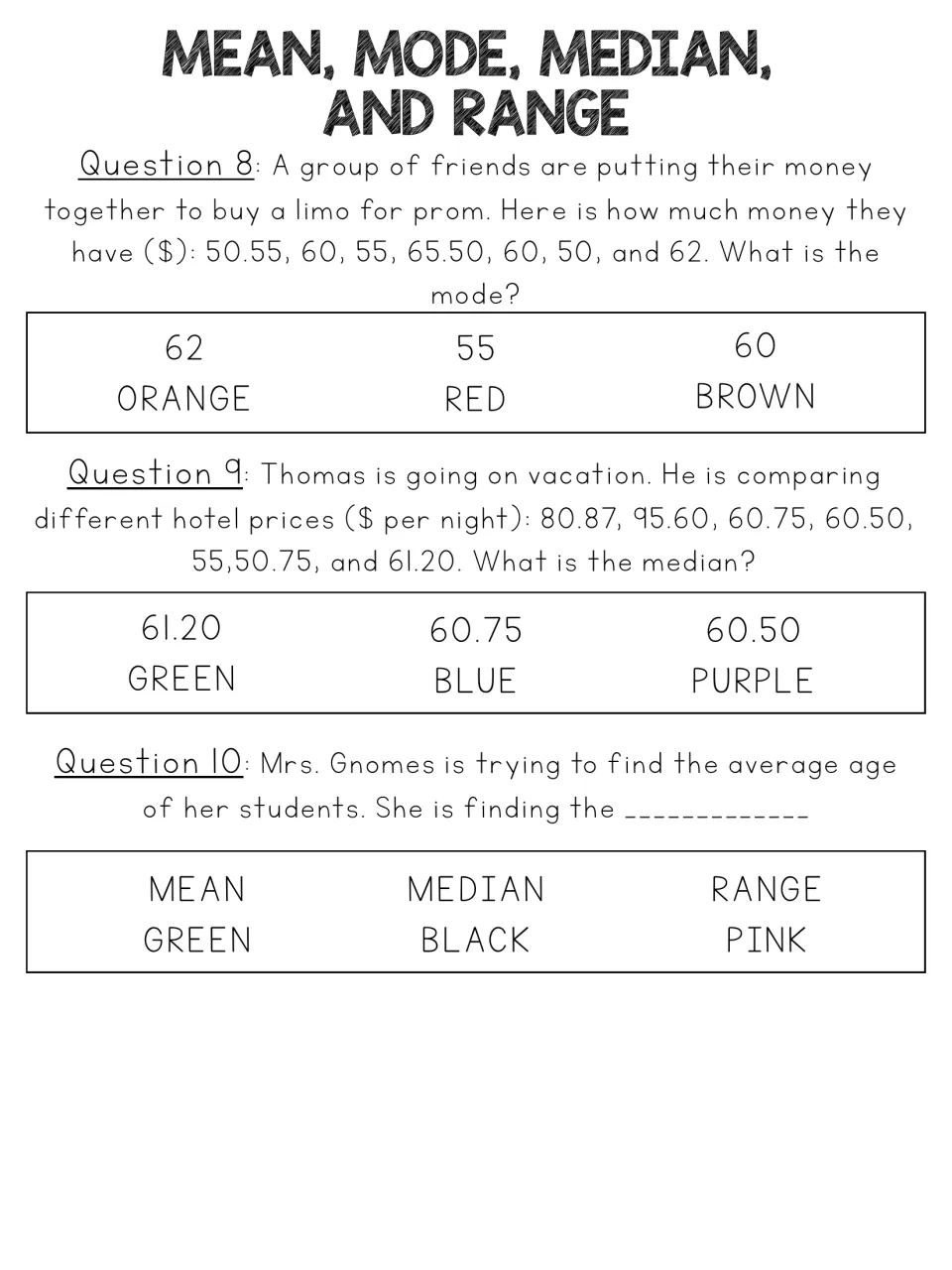 Mode and median word problems 8-9 on prom money and hotel prices, plus question 10 naming the measure for average age