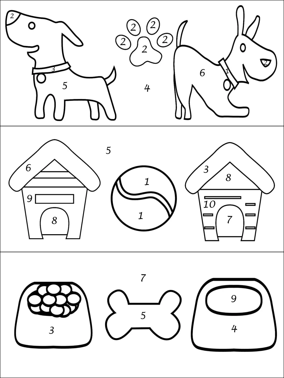 Color-by-number page: students color dogs, doghouses, a ball, paw print, bone and food bowls by numbers 1 to 10
