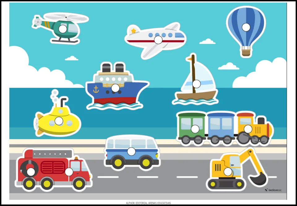 Transportation scene showing the ten vehicles in color, with white circles on aircraft, boats, and land vehicles