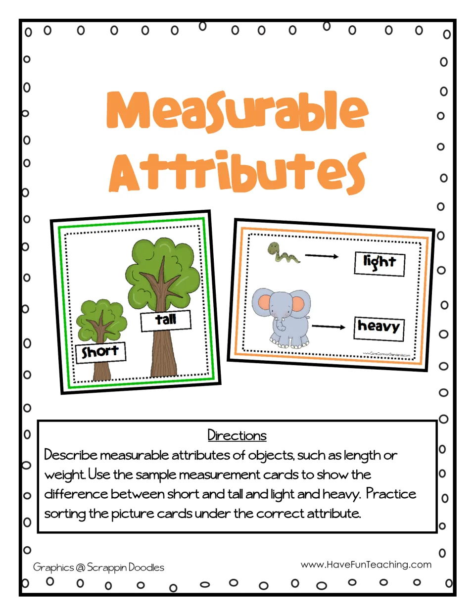 Measurable Attributes cover: directions to sort picture cards by length or weight, with short/tall and light/heavy samples