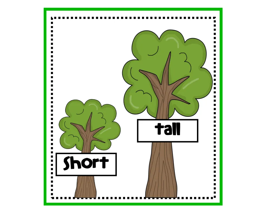 Length sample card: a small tree labeled short beside a bigger tree labeled tall to model comparing height