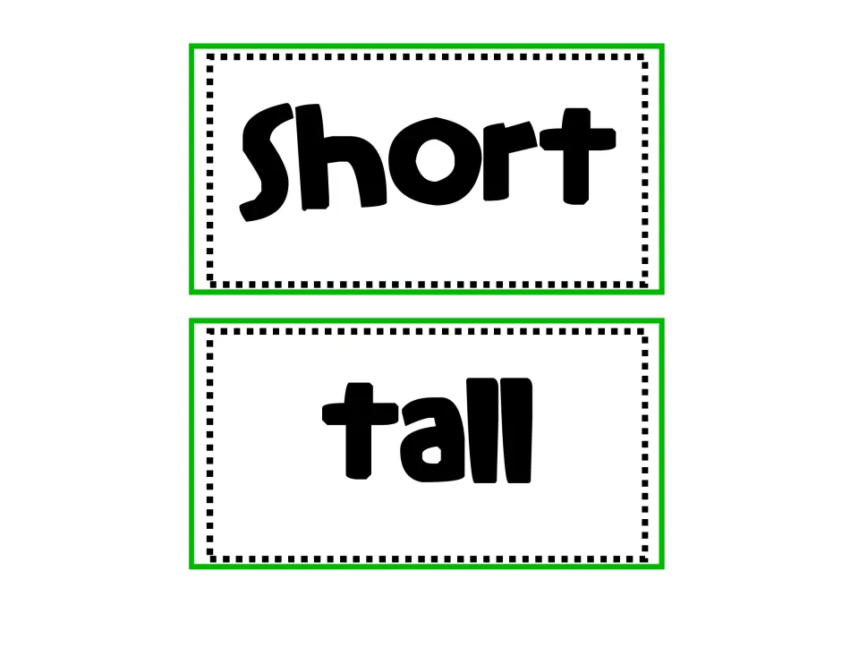 Short and tall word cards: two labels students use as headings when sorting picture cards by height