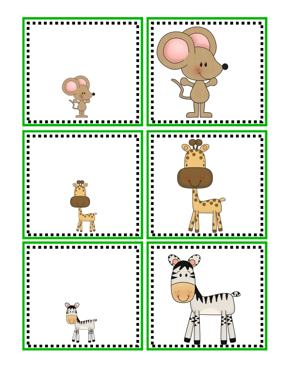 Height picture cards: a small and a large mouse, giraffe and zebra for students to sort under short or tall