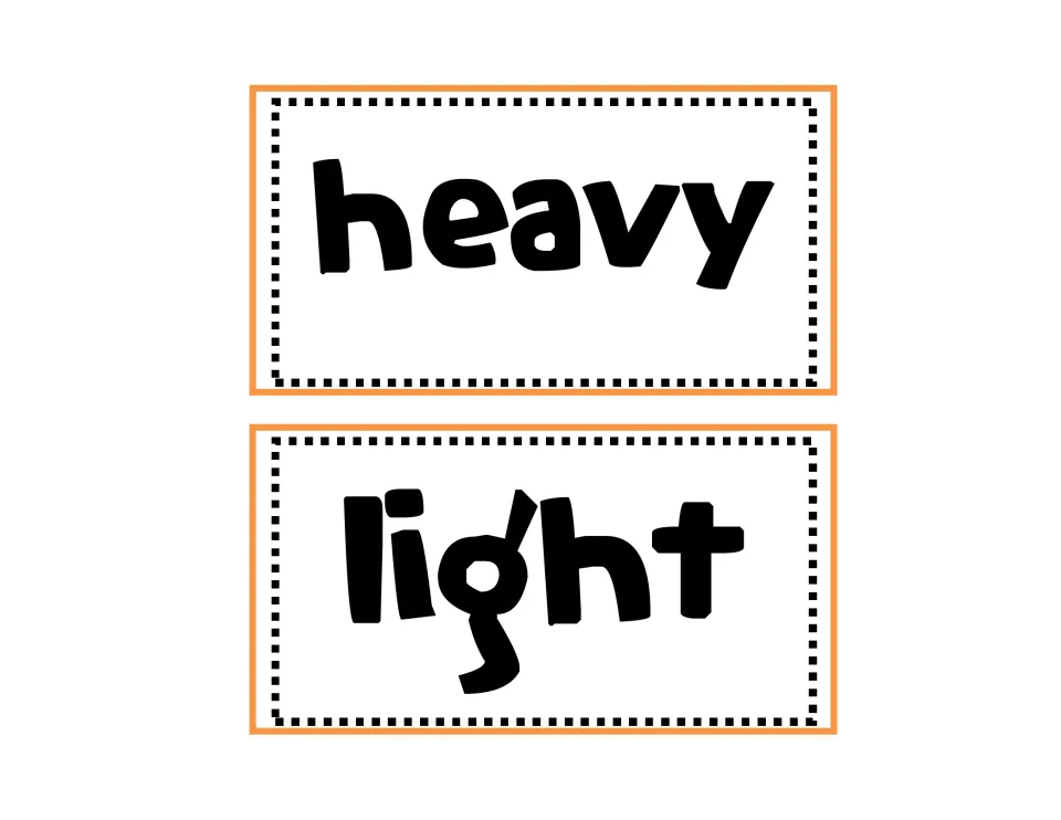 Heavy and light word cards: two labels used as headings when students sort picture cards by weight