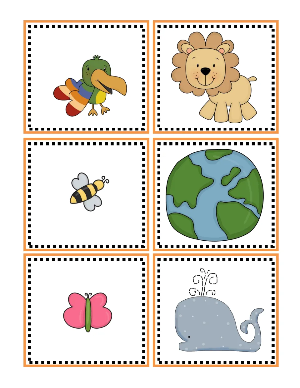 Weight picture cards: a bird, lion, bee, Earth, butterfly and whale for students to sort under light or heavy