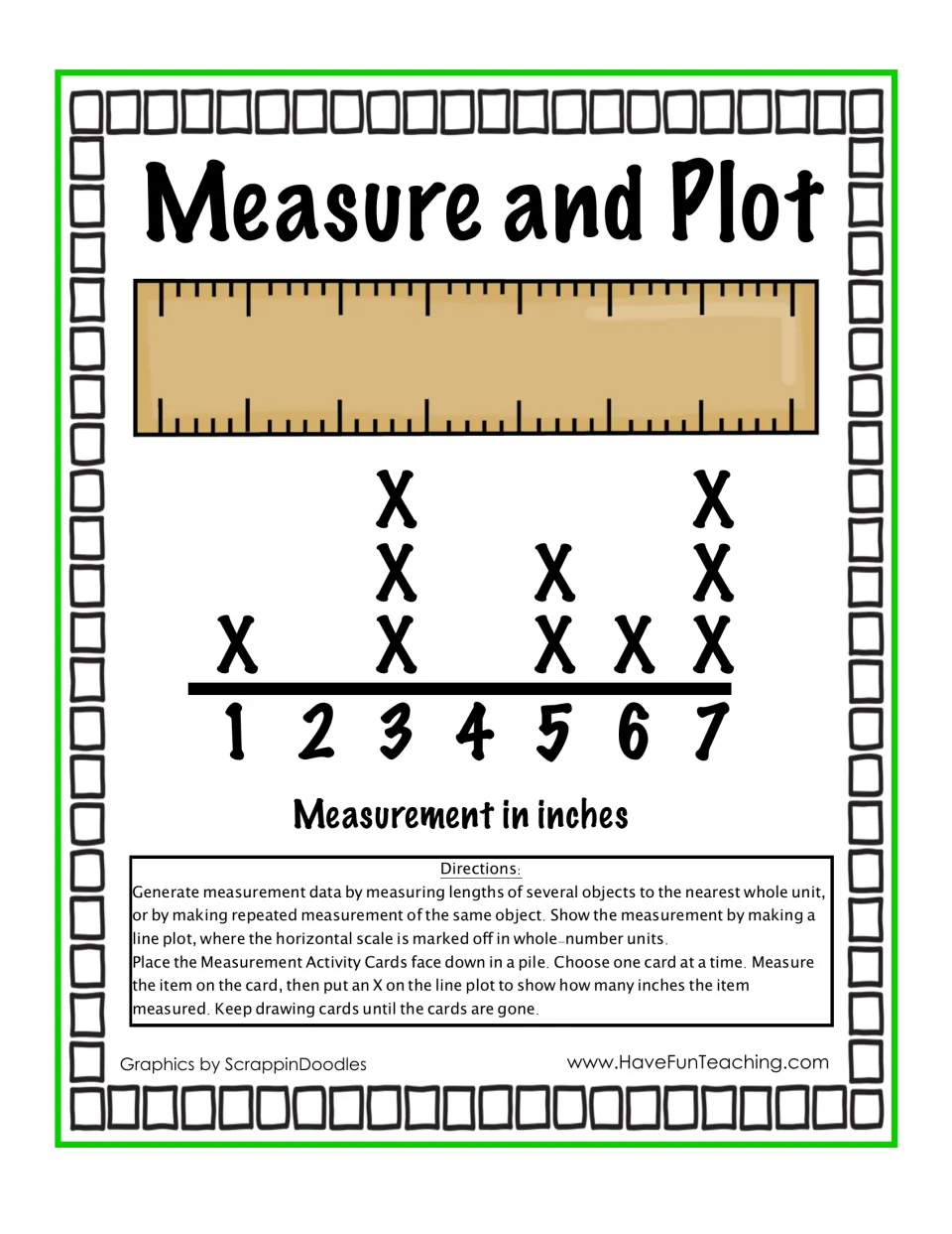Measurement activity directions and example line plot showing lengths from 1 to 7 inches marked with Xs.