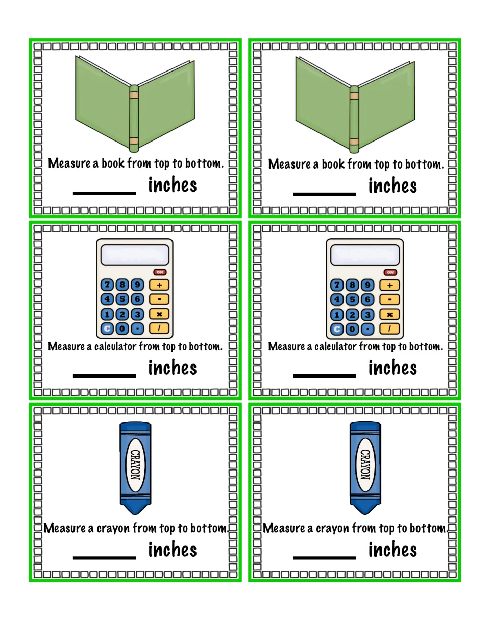 Measurement cards for a book, calculator, and crayon, each printed twice, asking for top-to-bottom length in inches.