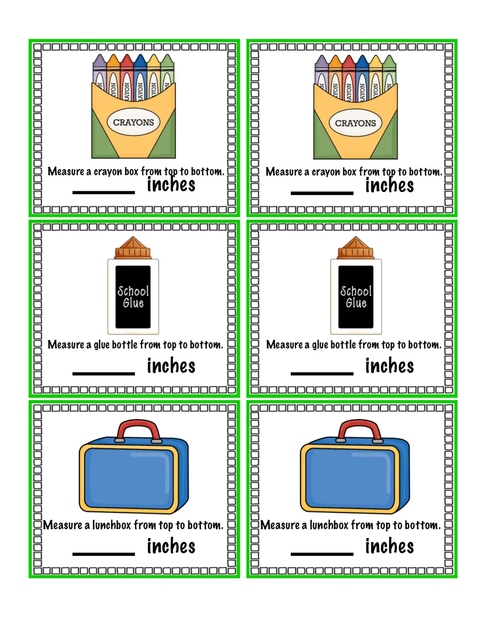 Measurement cards for a crayon box, glue bottle, and lunchbox, each printed twice, for measuring height in inches.