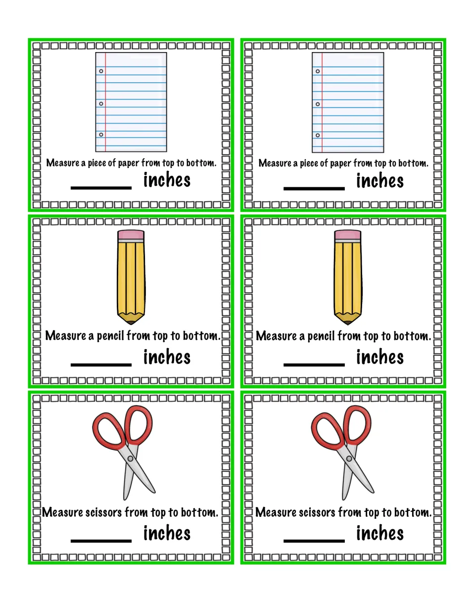 Measurement cards for paper, a pencil, and scissors, each printed twice, for measuring top to bottom in inches.