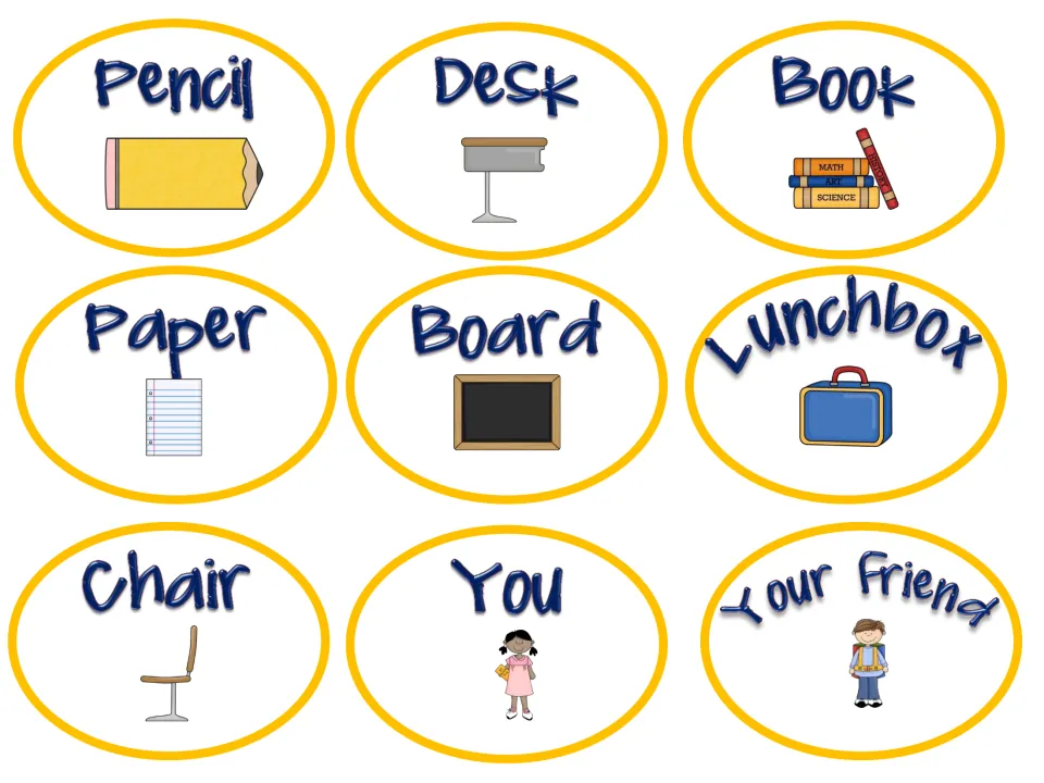Object cards to measure: pencil, desk, book, paper, board, lunchbox, chair, you and your friend, each with a picture