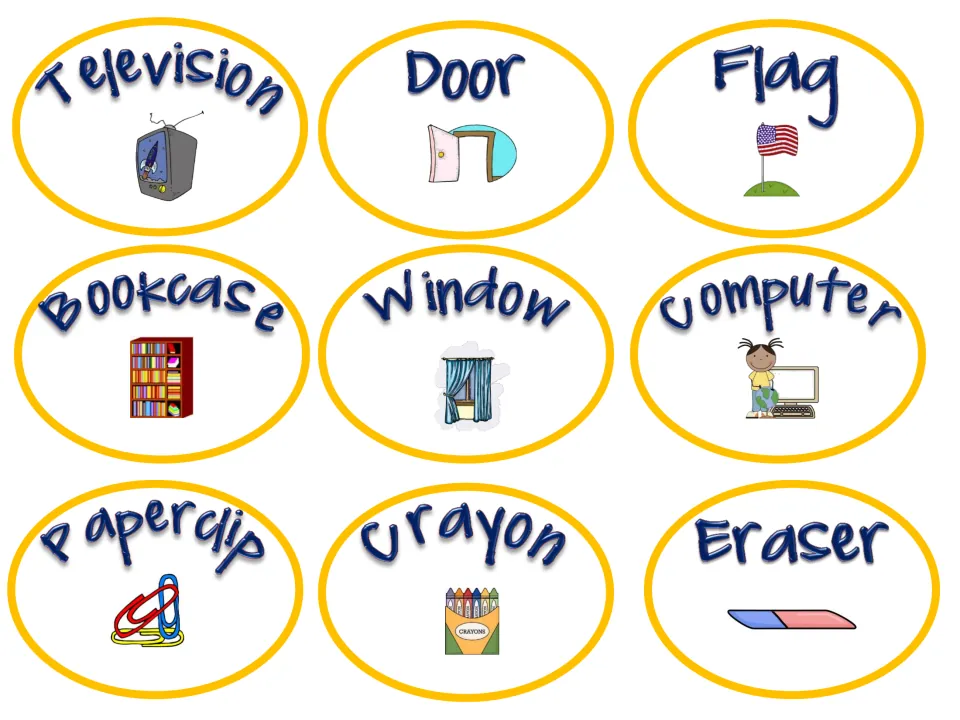 More object cards: television, door, flag, bookcase, window, computer, paperclip, crayon and eraser, each with a picture