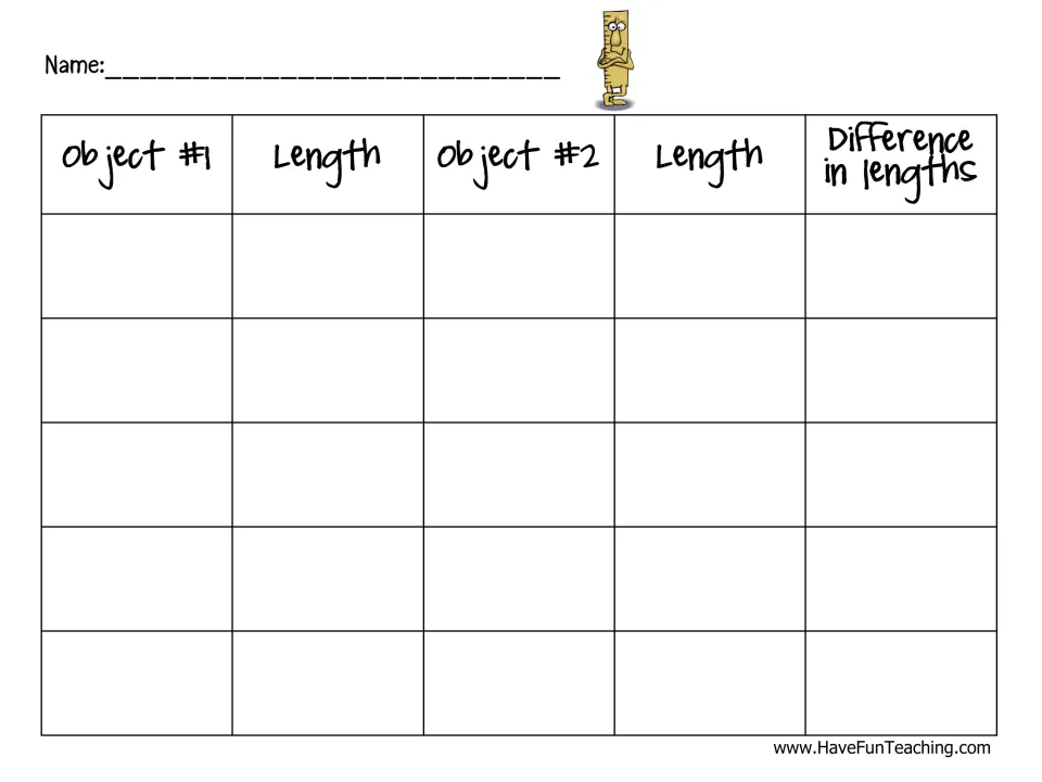 Comparing lengths recording sheet: students write two objects, each length, and the difference in lengths for 5 pairs